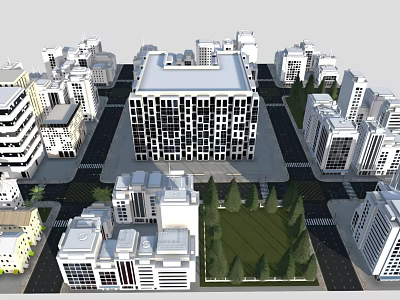 Modern Urban Building Layout With High Rise Structures Green Spaces And Road Networks 3d model