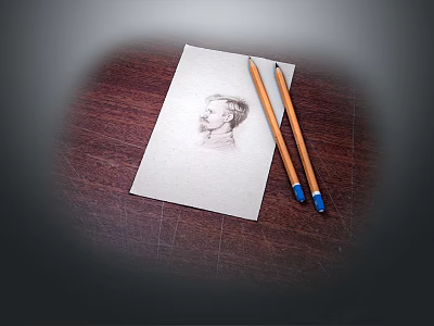 Portrait Sketch on Paper with Two Pencils on Wooden Table Surface 3d model