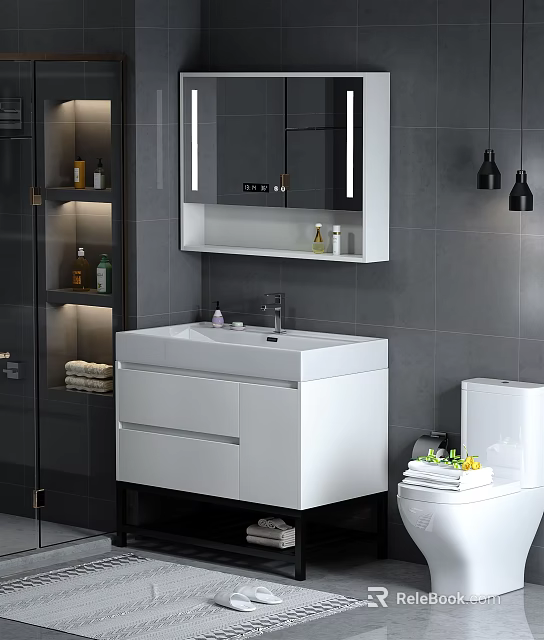 Modern Bathroom Vanity With White Cabinet Mirror And Grey Tiled Wall 3d model 