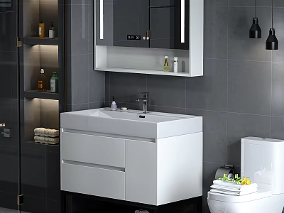 Modern Bathroom Vanity With White Cabinet Mirror And Grey Tiled Wall 3d model
