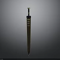 Ornate Golden Sword Featuring Black Checkered Design And Blue Gemstone Hilt