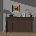 Modern Wooden Sideboard with Decorative Items on Top Against Gray Wall and Wooden Floor