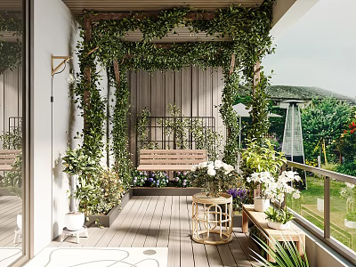 Lush Green Home Balcony Design With Hanging Vines Wooden Bench And Potted Plants 3d model