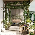 Lush Green Home Balcony Design With Hanging Vines Wooden Bench And Potted Plants