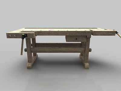 Vintage Wooden Workbench With Solid Frame And Carpentry Clamp Mechanism 3d model