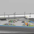 Modern Skate Park Design With Concrete Ramps Street Lamps Blue Pathway And Green Grass