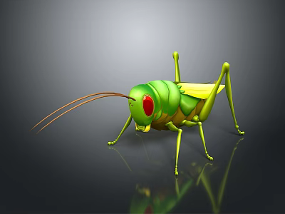 Green Toy Cricket With Red Eyes Yellow Wings Long Antennae Grey Background Reflection 3d model