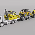 Two White Trucks Loaded With Heavy Tires And Yellow Construction Machinery