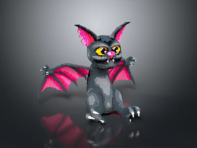 Pixel Art Style Bat Character With Black Body Pink Wings And Yellow Eyes 3d model