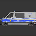 White And Blue Police Van With Emergency Lights And Police Markings