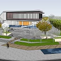 Modern Sales Office Building With Curved Roof Riverside Water Features And Greenery