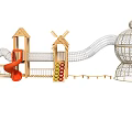 Fun Wooden Playground Equipment With Slides Net Structures Windmill Huts And Climbing Features 3d model