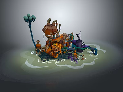 Colorful Characters And Mechanical Creatures In Watery Scene With Pipes And Lanterns 3d model
