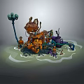 Colorful Characters And Mechanical Creatures In Watery Scene With Pipes And Lanterns