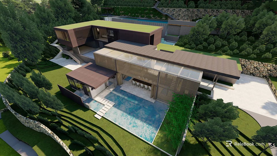 Modern Luxury Detached Villa With Green Roof Swimming Pool Lawn And Surrounding Trees 3d model 