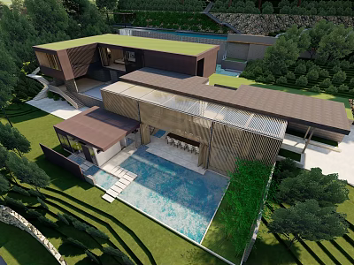 Modern Luxury Detached Villa With Green Roof Swimming Pool Lawn And Surrounding Trees 3d model