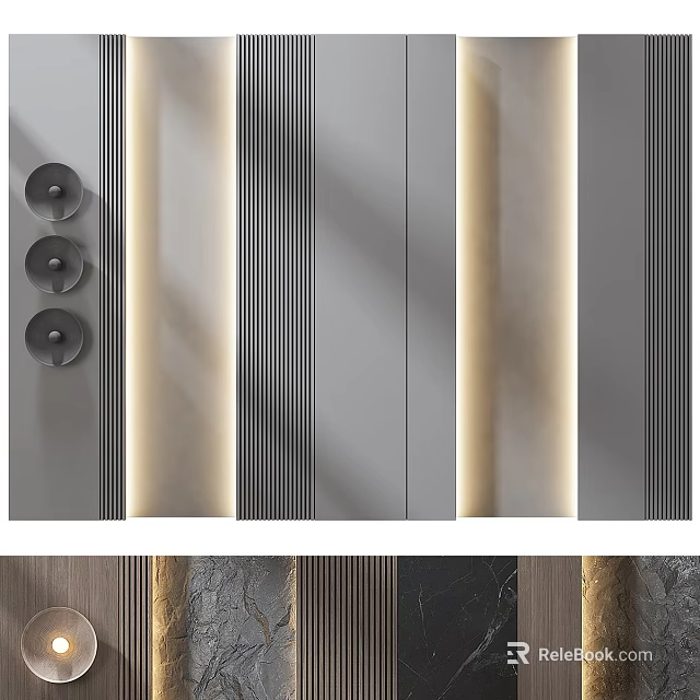 Modern Interior Wall Design With Striped Panels Lighting And Mixed Materials 3d model