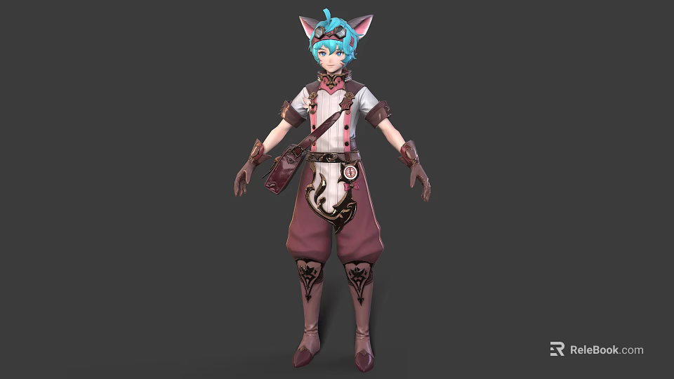 3D Model Character with Cat Ears Blue Hair White Top Red Vest and Brown Pants 3d model 