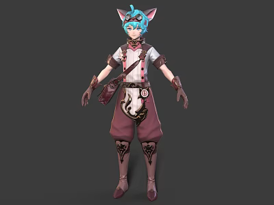 3D Model Character with Cat Ears Blue Hair White Top Red Vest and Brown Pants 3d model