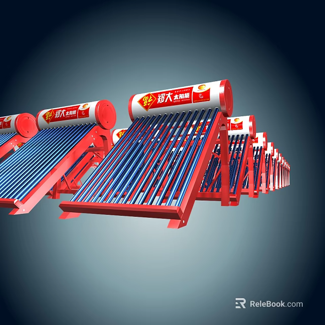 Red Solar Water Heaters with Blue Heat Absorbing Tubes Neatly Arranged for Daily Use 3d model 