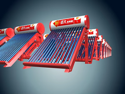 Red Solar Water Heaters with Blue Heat Absorbing Tubes Neatly Arranged for Daily Use 3d model