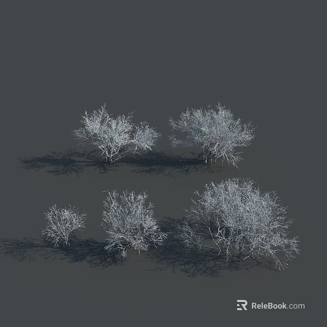White Snow Covered Shrubs With Bare Branches In Various Sizes On Gray Background 3d model