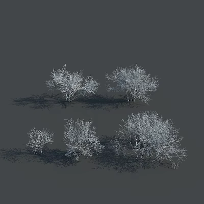 White Snow Covered Shrubs With Bare Branches In Various Sizes On Gray Background 3d model