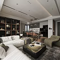 Modern Living and Dining Room Interior With White Sofa Coffee Table TV Fireplace Dining Table
