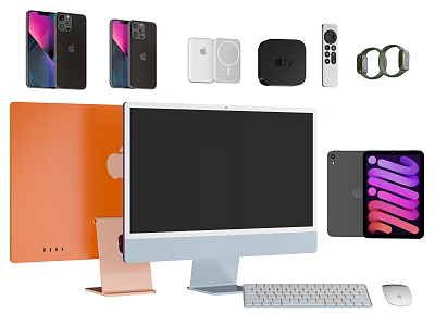 Computer Monitor Setup With Keyboard Mouse Tablet Smartphones Wireless Earbuds And Smartwatch 3d model