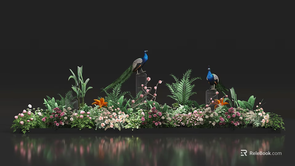 Vibrant Decorative Floral Arrangement With Peacocks Green Plants And Colorful Blooms 3d model 