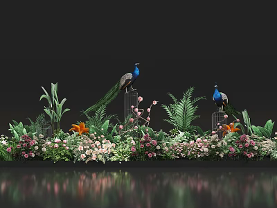 Vibrant Decorative Floral Arrangement With Peacocks Green Plants And Colorful Blooms 3d model