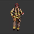 Firefighter In Red Helmet And Firefighting Uniform Holding Yellow Axe Against Gray Background
