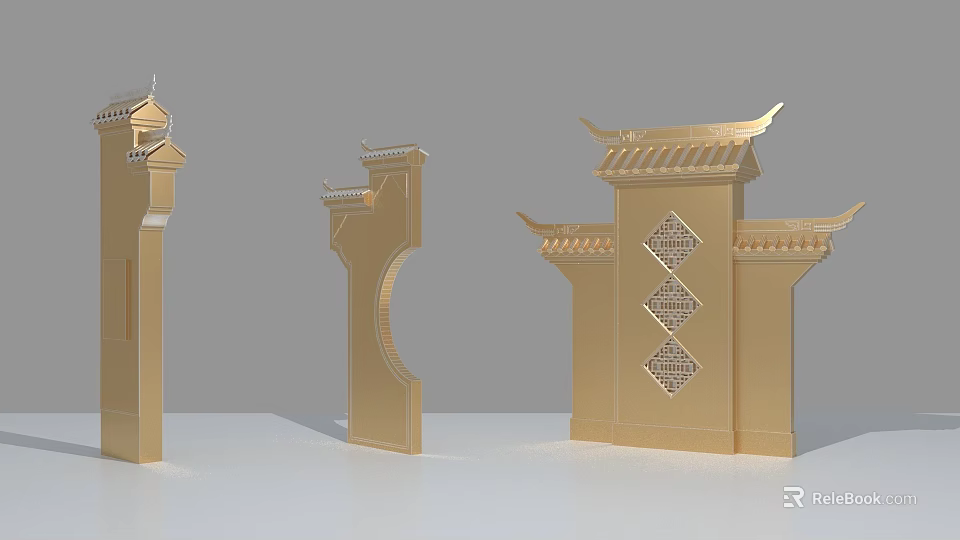 Golden Chinese Traditional Architectural Components with Curved Roofs and Lattice Patterns for Decorative 3d model 