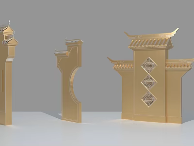 Golden Chinese Traditional Architectural Components with Curved Roofs and Lattice Patterns for Decorative 3d model