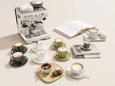 Cozy Café Setting With Coffee Machine Various Coffees Open Book and Desserts 3d model