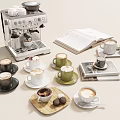 Cozy Café Setting With Coffee Machine Various Coffees Open Book and Desserts