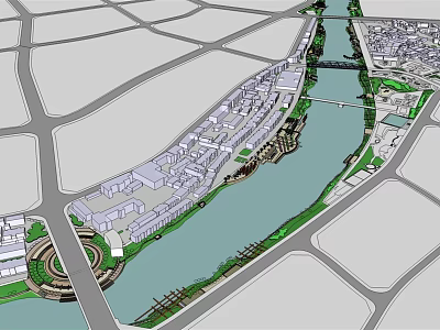 Waterfront Landscape Urban Design With Riverfront Layout Buildings Roads And Green Spaces 3d model