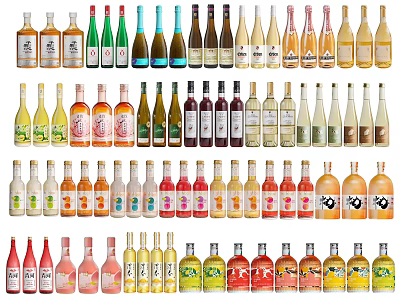 Various Bottled Beverages in Different Colors and Flavors Displayed Together 3d model