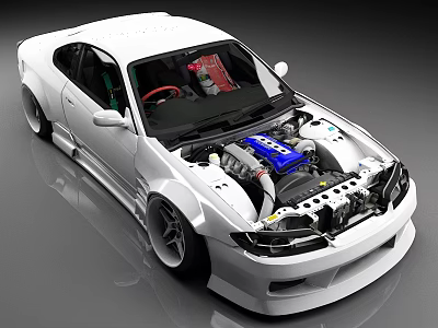 White Modified Car With Exposed Engine And Custom Parts 3d model