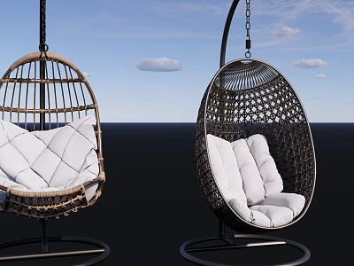 Rattan Hanging Chair with Wicker Design White Cushions for Outdoor Use and Sky Background 3d model