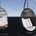 Rattan Hanging Chair with Wicker Design White Cushions for Outdoor Use and Sky Background