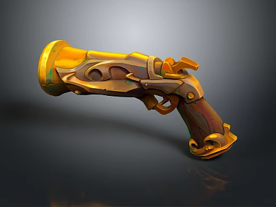 Golden Ornate Pistol With Intricate Carved Details And Brown Wooden Handgrip 3d model