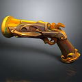 Golden Ornate Pistol With Intricate Carved Details And Brown Wooden Handgrip