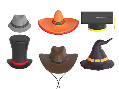 Different Types of Hats Including Sombrero Graduation Cap Top Hat Cowboy Hat and Witch Hat 3d model