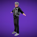 Man In Gray Black Jacket Black T Shirt Dark Pants White Shoes Against Purple Background