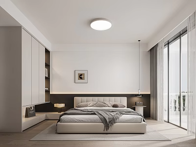 Modern Bedroom Interior Design With White Cabinets Bed Framed Artwork And Sliding Glass Doors 3d model