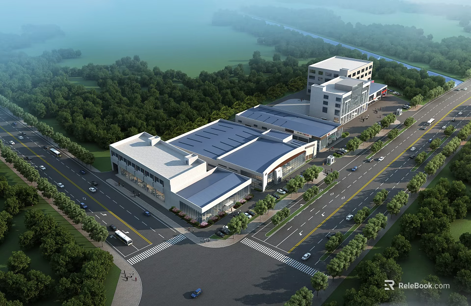 Modern Industrial Factory With Contemporary Design Green Trees Parking And Road Access 3d model 