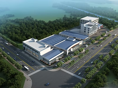 Modern Industrial Factory With Contemporary Design Green Trees Parking And Road Access 3d model
