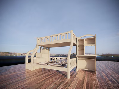 Simple Wooden Bunk Bed With Ladder Guardrail And Storage Shelves Design 3d model