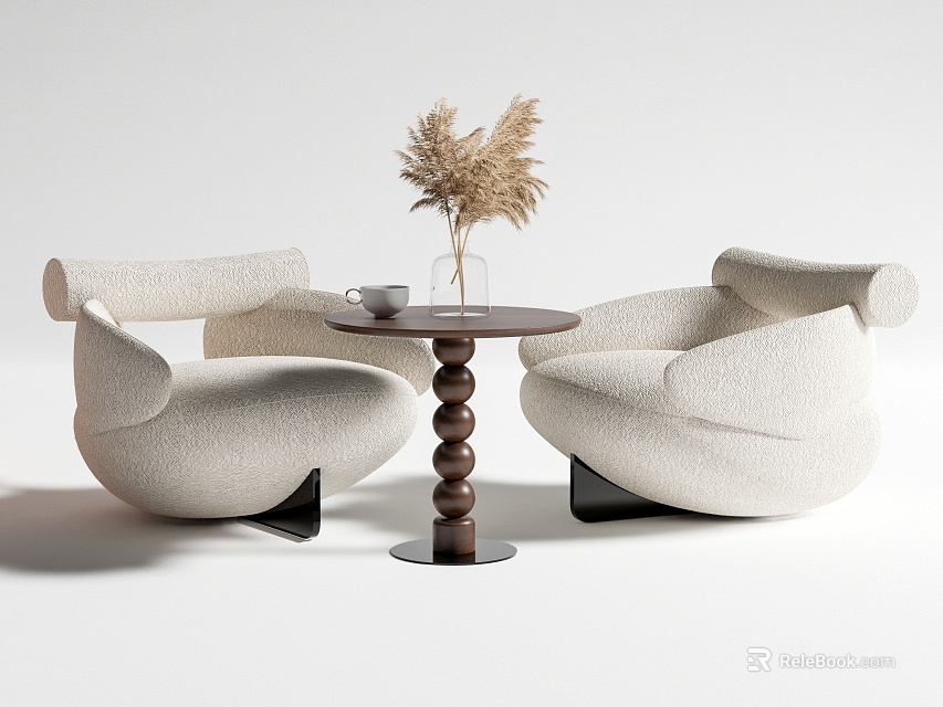 Beige Plush Casual Sofa Set with Curved Armrests Small Round Table and Pampas Grass Decor 3d model 